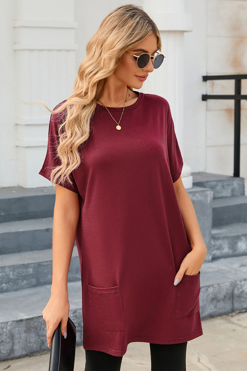 White Side Pockets Short Sleeve Tunic Top