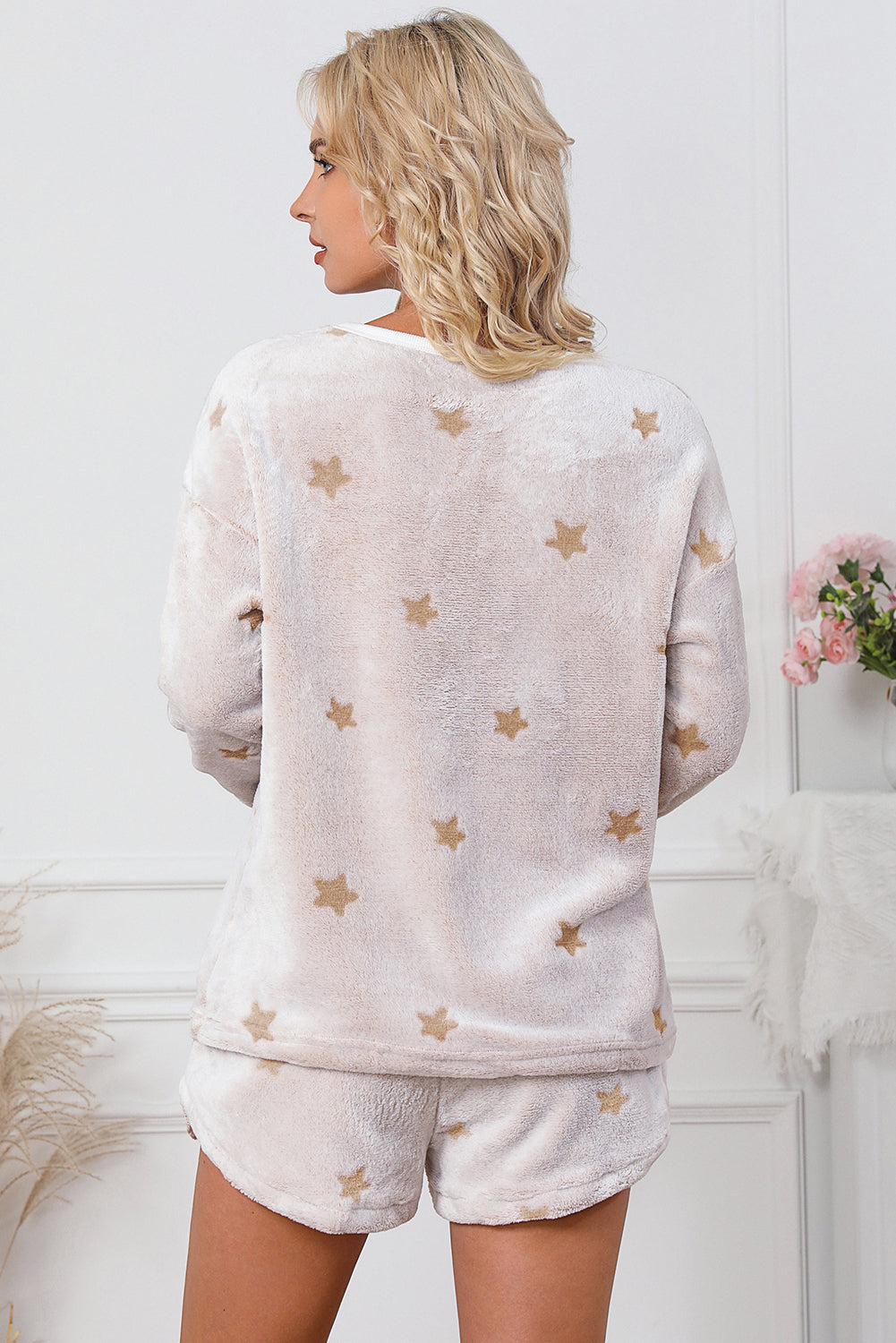 White Plus Size Plush Star Pattern Top and Shorts Set