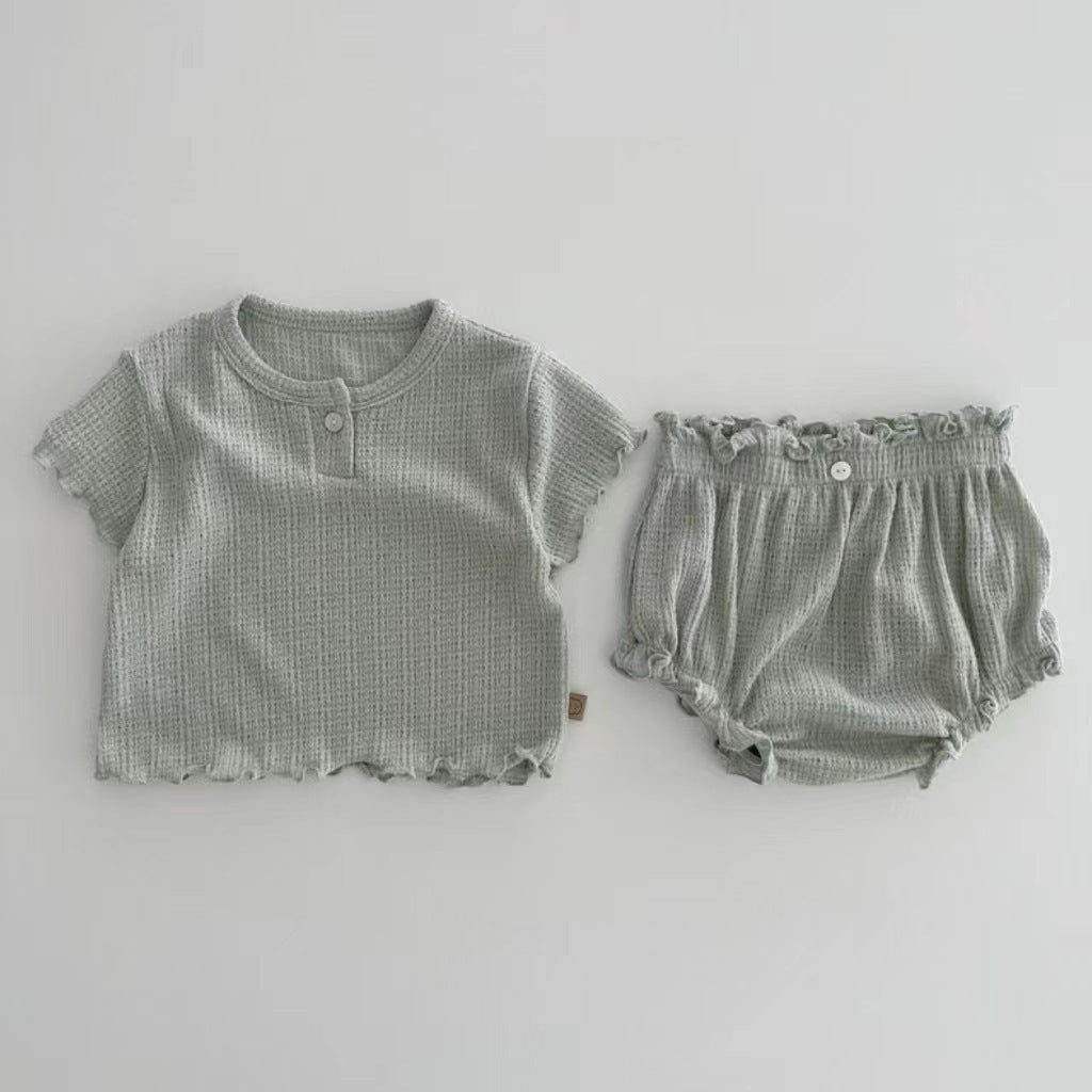 Solid Color Lace Shorts Solid Color Top Short Sleeve Soft And Comfortable Home