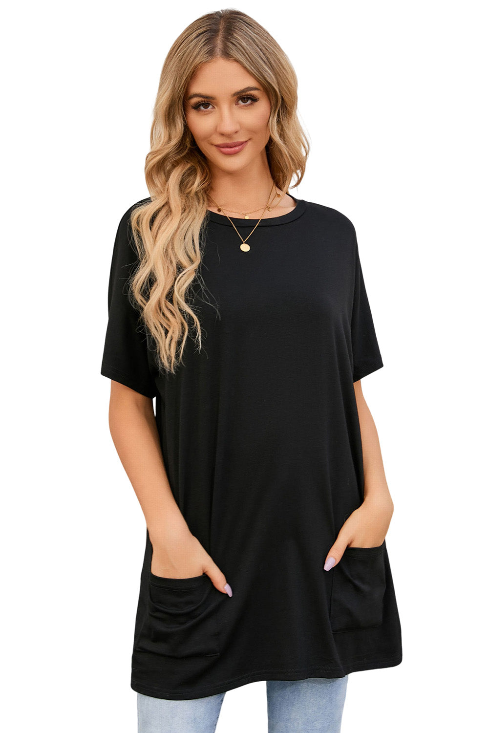 White Side Pockets Short Sleeve Tunic Top