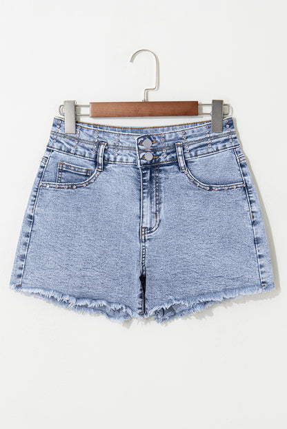 Beau Blue Rhinestone Light Wash Raw Hem High Waist Denim Shorts