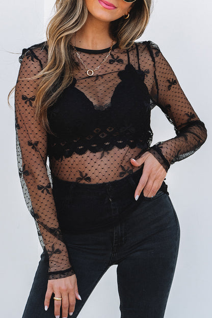 Black Bow Pattern Accent Mesh Long Sleeve Top