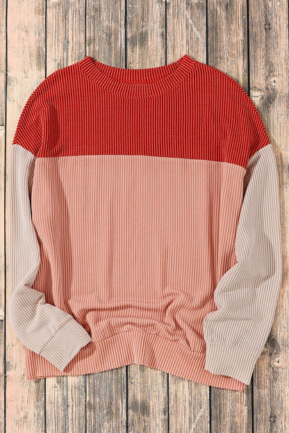 Fiery Red Corded 2pcs Colorblock Pullover and Pants Outfit