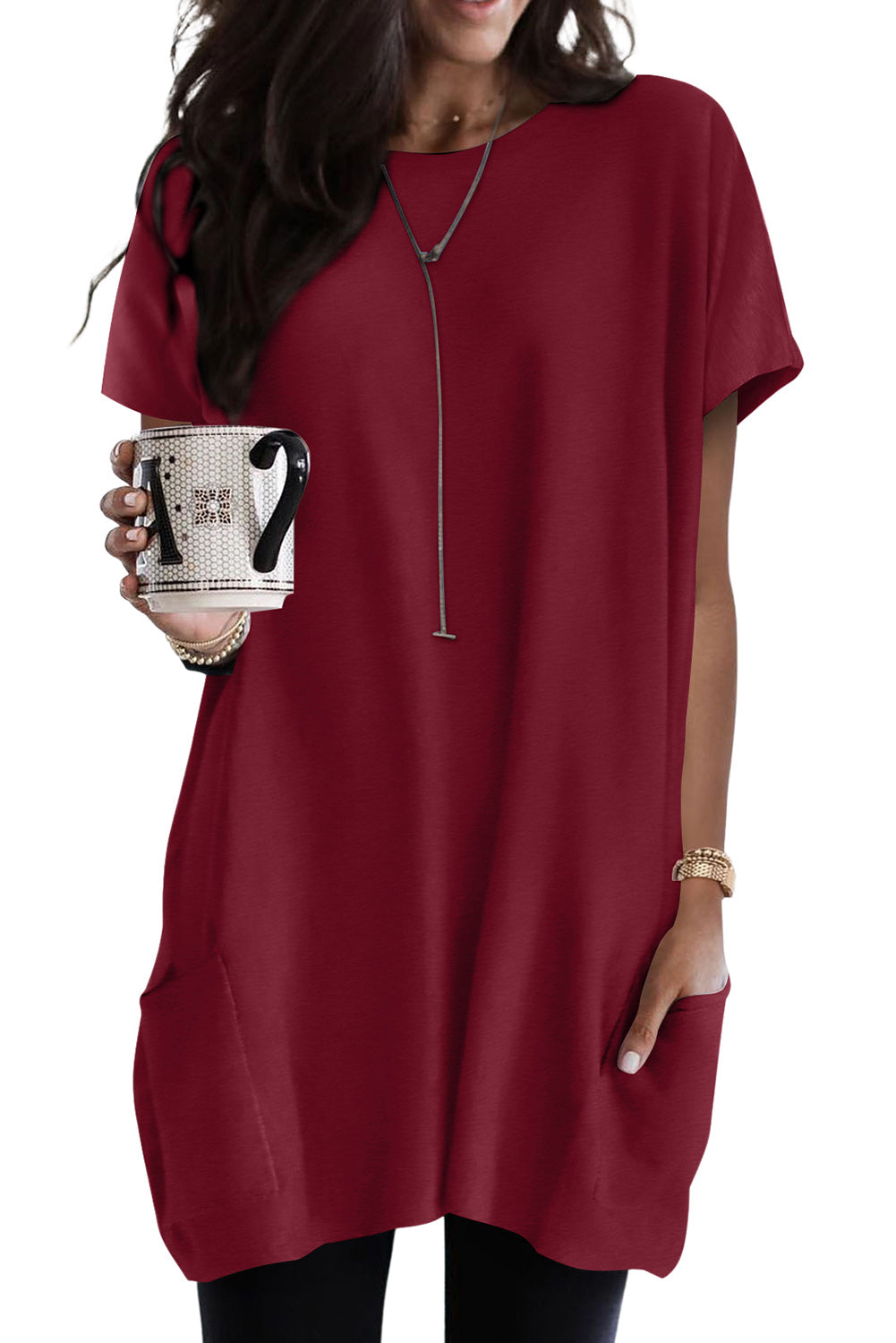 White Side Pockets Short Sleeve Tunic Top