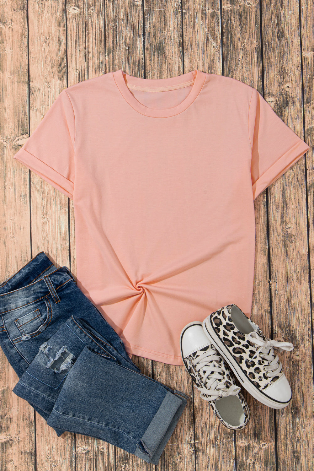 Pink Casual Plain Crew Neck Tee