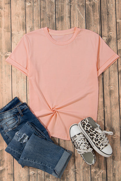 Pink Casual Plain Crew Neck Tee