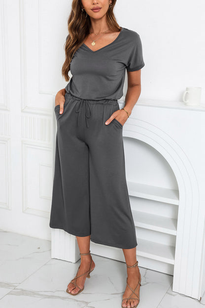 Gray Drawstring Waist Short Sleeve Wide Leg Jumpsuit