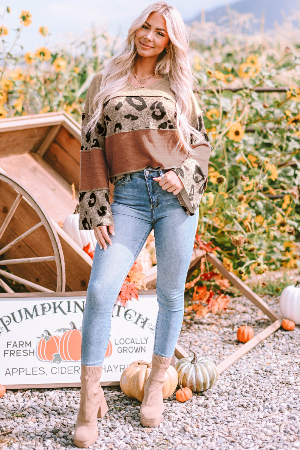 Multicolour Colorblock Patchwork V-Neck Loose Sleeve Knit Top