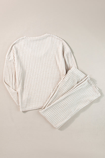 Light Pink Ribbed Knit V Neck Slouchy Two-piece Outfit