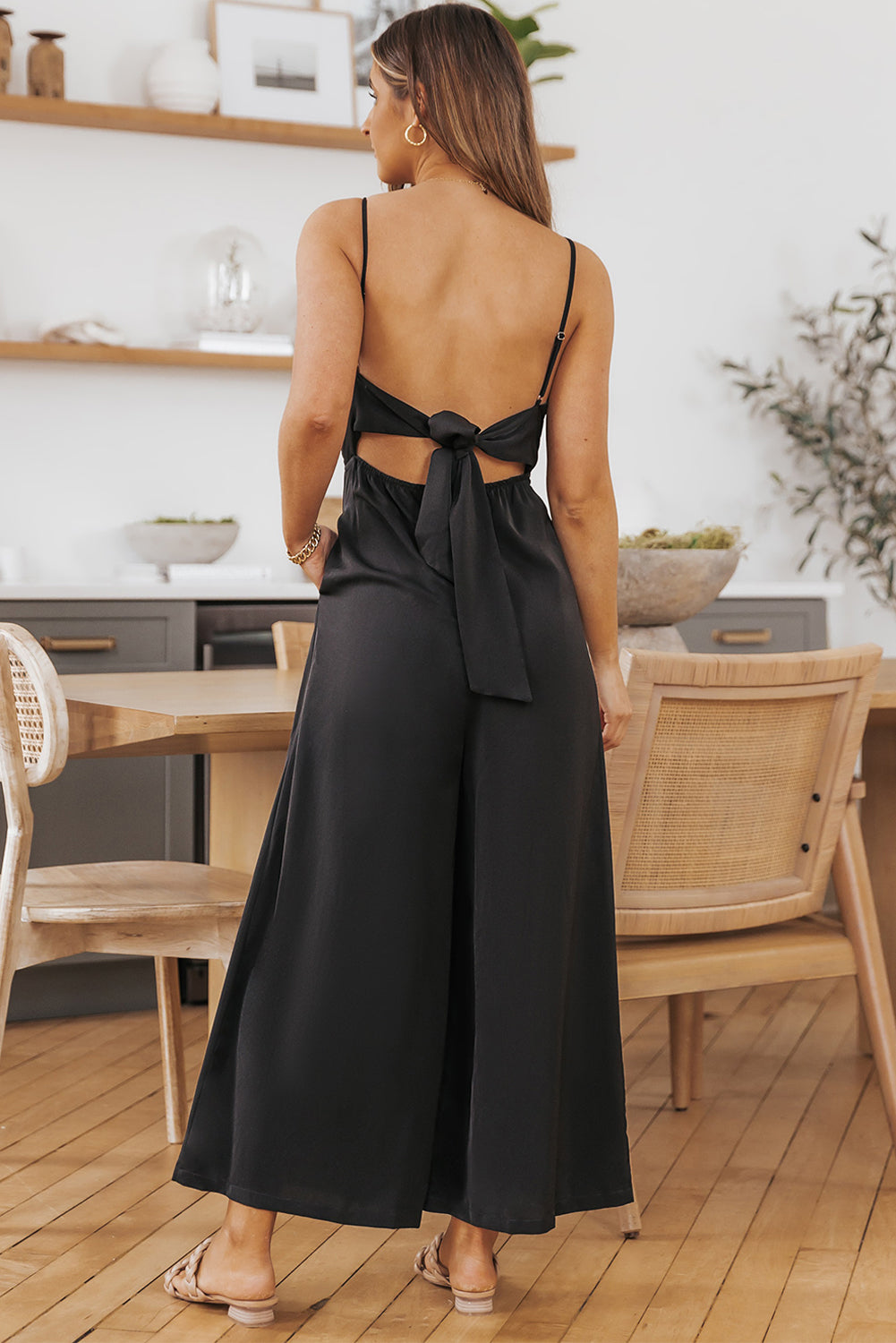 Orange Spaghetti Straps Backless Knot Wide-Leg Jumpsuit