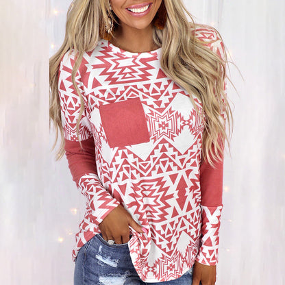 Spliced Printed Long-Sleeved Pocket Casual Top T-Shirt
