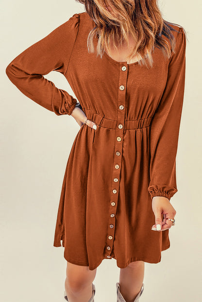 Orange Button Up High Waist Long Sleeve Dress