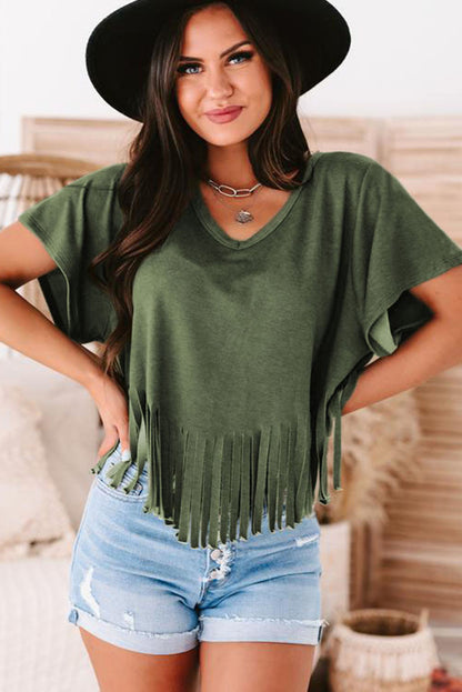 Red Fringe Hem V Neck T Shirt