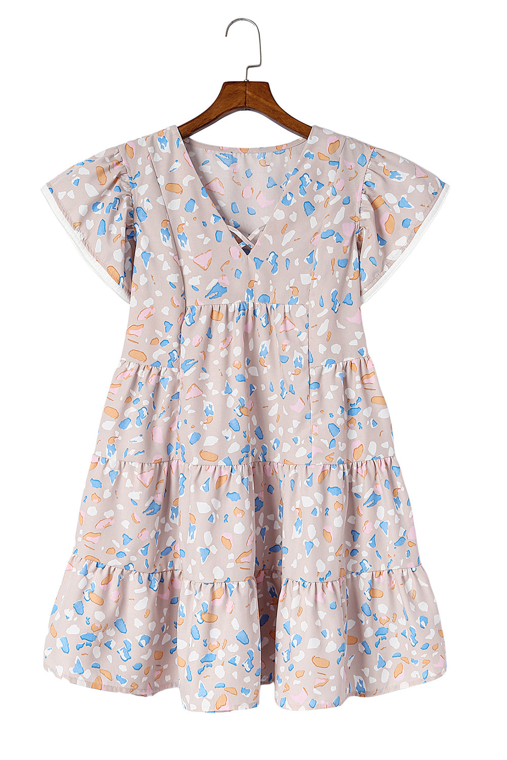Rose Printed Crisscross Decor V Neck Flutter Sleeve Dress