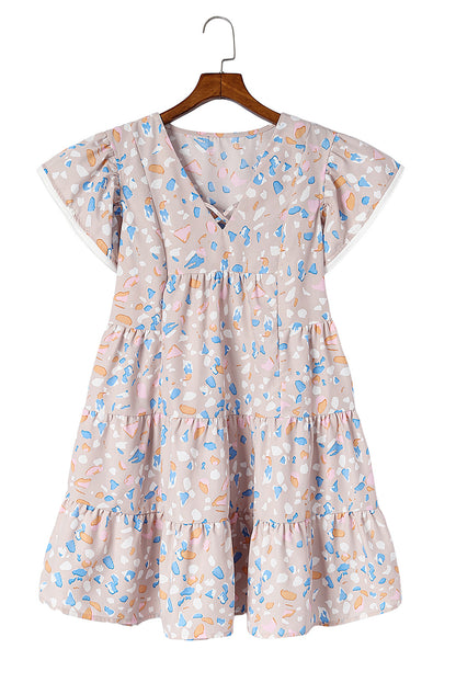 Rose Printed Crisscross Decor V Neck Flutter Sleeve Dress