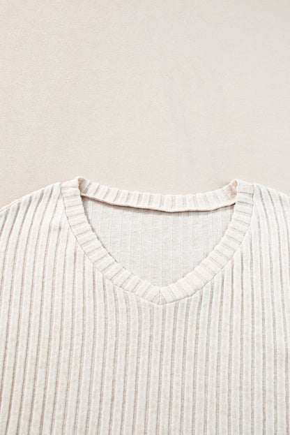 Beige Ribbed Drop Shoulder Henley Top Wide Leg Pants Set