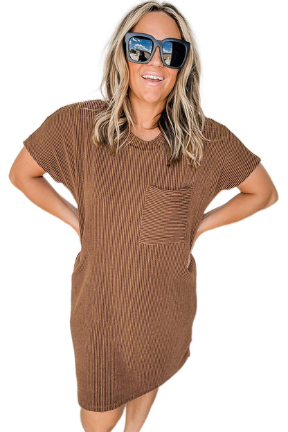 Blue Striped Ribbed Knit T-shirt Shift Dress