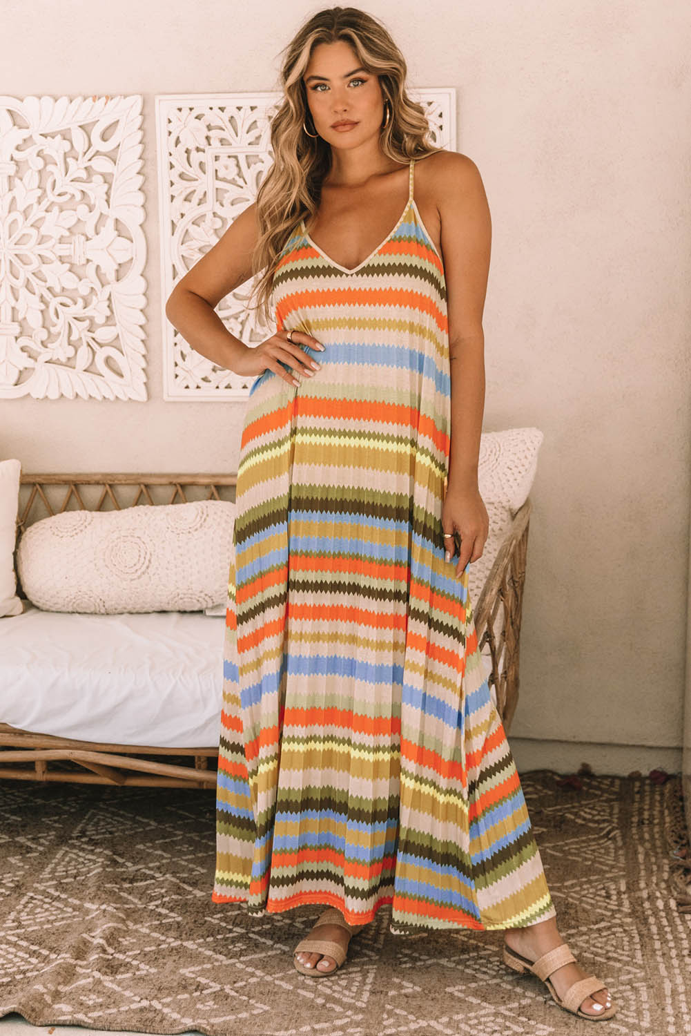 Stripe Tie Straps Loose V Neck Maxi Dress