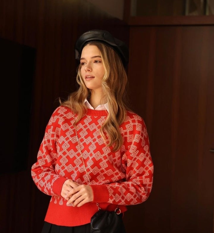 Long Sleeve Round Neck Geometric Pattern Woolen Fabric