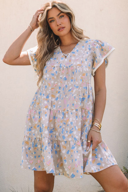 Rose Printed Crisscross Decor V Neck Flutter Sleeve Dress