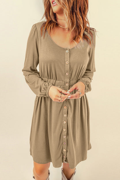 Orange Button Up High Waist Long Sleeve Dress