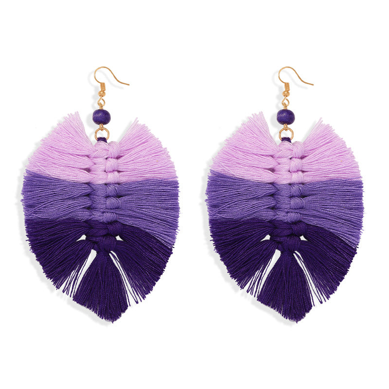 Handmade Gradient Tassel Earrings Leaf Shape Ethnic Style Earrings Exotic Holiday Earrings