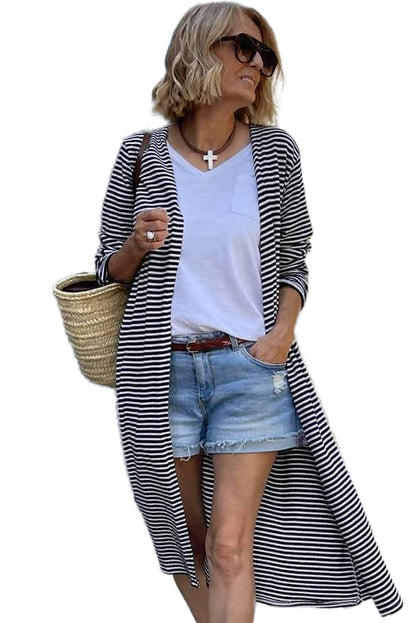 Stripe Open Front Long Cardigan