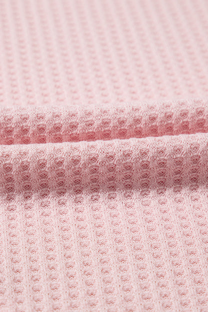 Light Pink Waffle V Neck Long Sleeve Drop Shoulder Loose Blouse