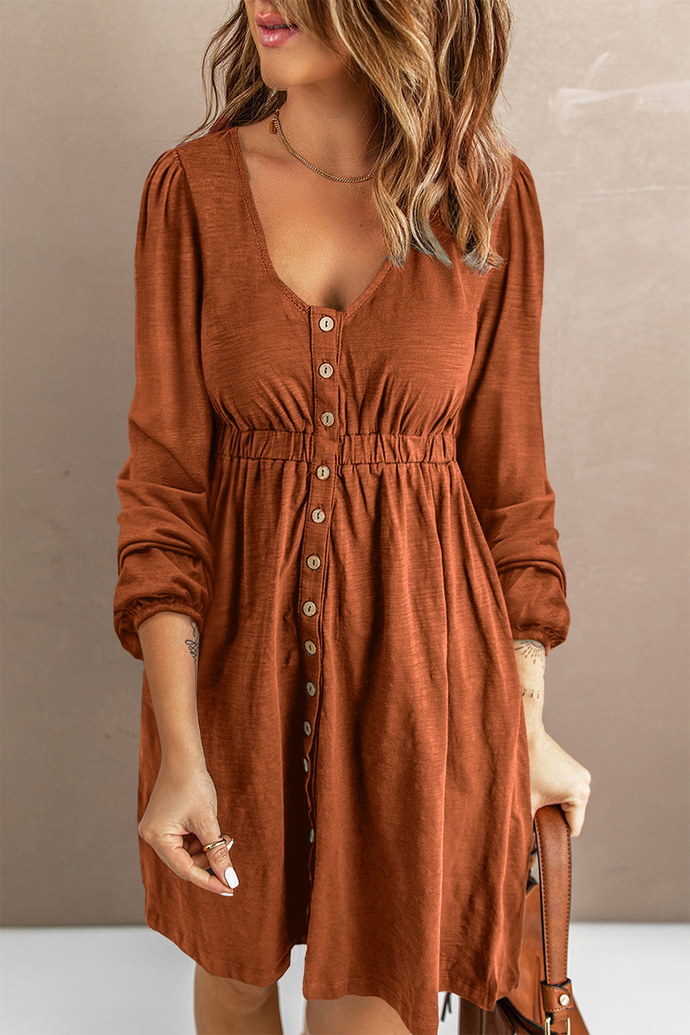 Orange Button Up High Waist Long Sleeve Dress
