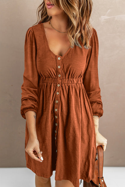 Orange Button Up High Waist Long Sleeve Dress