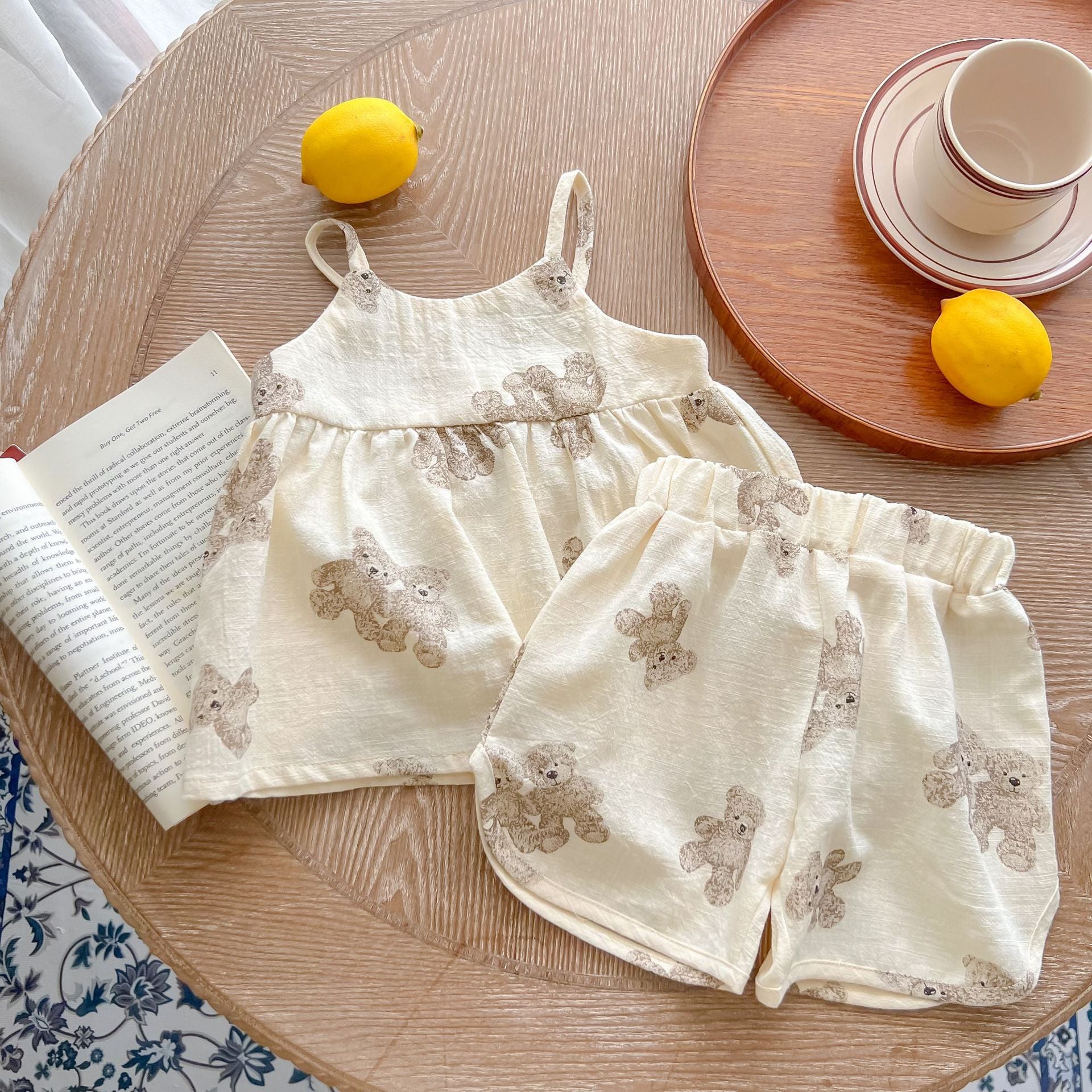 Baby's Home Wear Summer Printed Cotton Gauze Suspender Top Shorts Two-piece Set