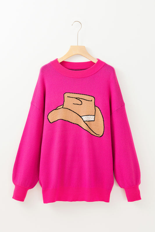 Rose Red YEEHAW Cowboy Hat Drop Shoulder Oversized Sweater