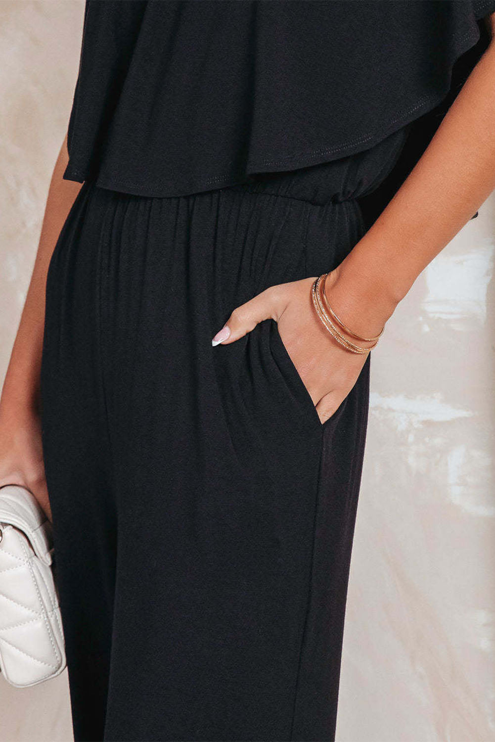 Black Solid Color Off Shoulder Wide Leg Jumpsuit
