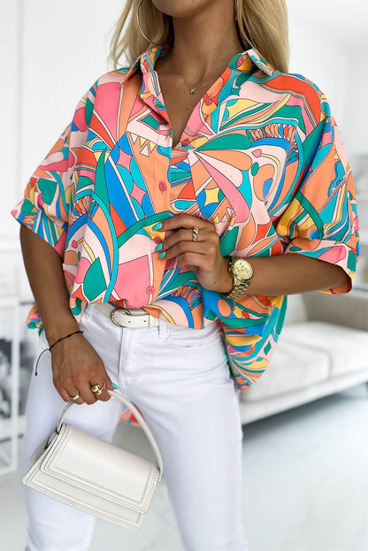 Multicolor Geometric Print Split Neck Ruffle Tiered Mini Dress