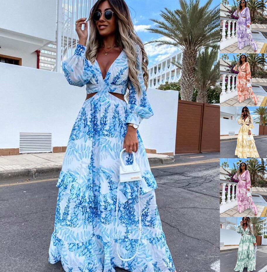 Women's Clothing Printing Fashionable Long V-neck Long-sleeved Temperament Dress