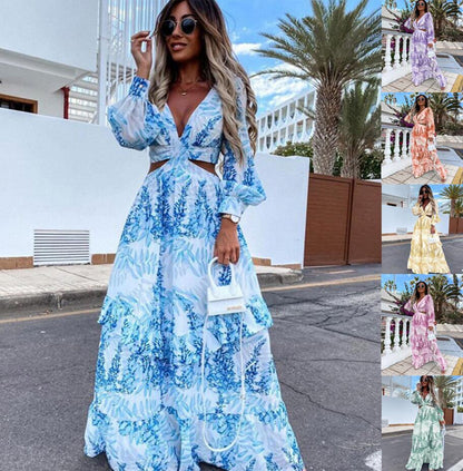 Women's Clothing Printing Fashionable Long V-neck Long-sleeved Temperament Dress