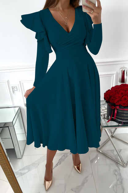 Long Sleeve V-neck Flounce Waist Dress Women's Clothing