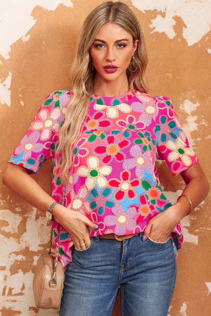 Multicolor Floral Print Bubble Sleeve Shirt