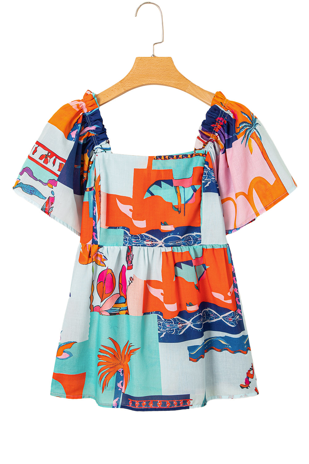 Sky Blue Tropical Printed Square Neck Flutter Sleeve Babydoll Blouse