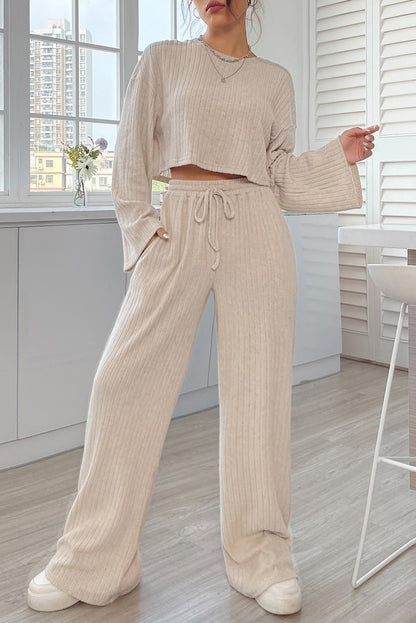 Pink Plain Ribbed Loose Fit Two Piece Lounge Set