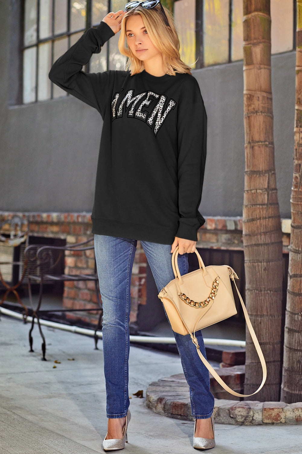 Pink AMEN Leopard Letter Print Oversized Pullover Sweatshirt
