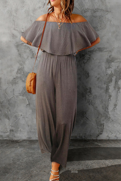 Gray Solid Color Off Shoulder Wide Leg Jumpsuit