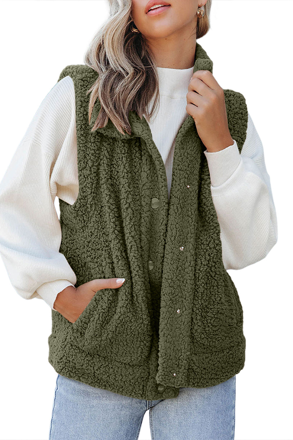 Khaki Plus Size Pocketed Sherpa Vest