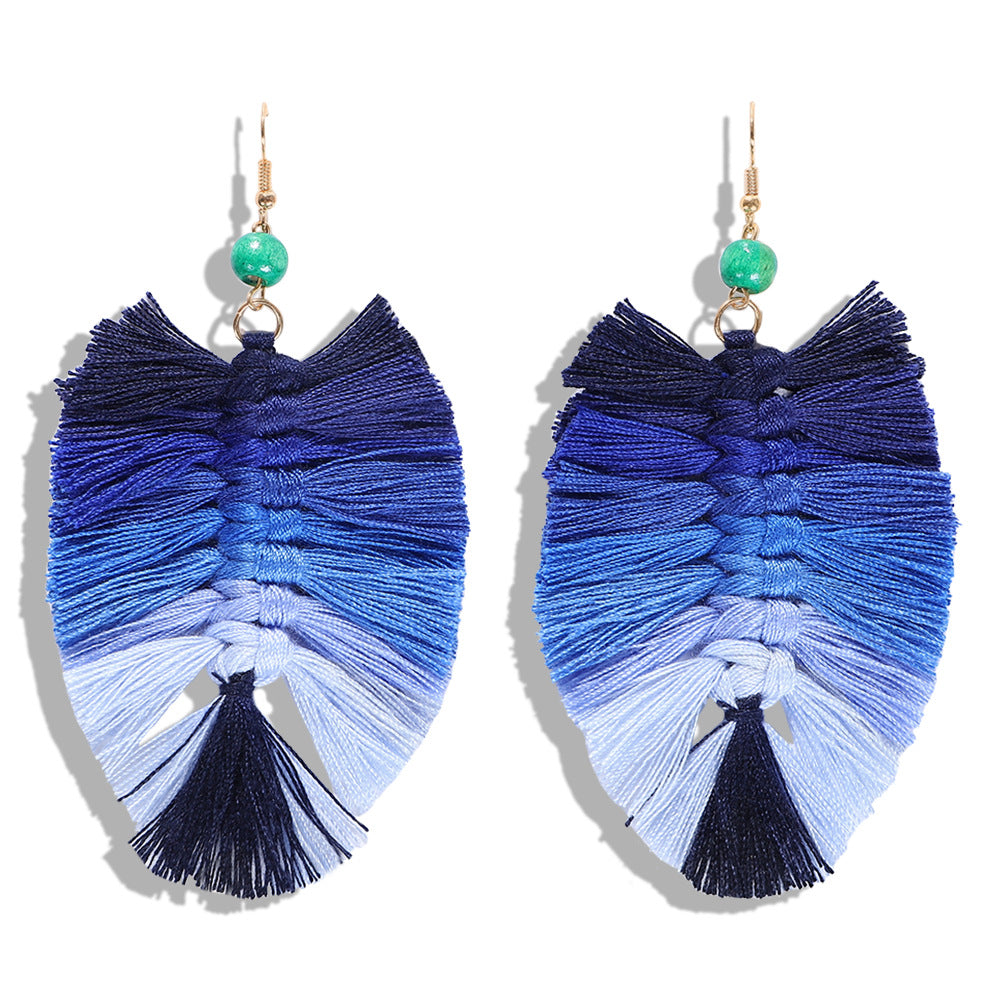 Handmade Gradient Tassel Earrings Leaf Shape Ethnic Style Earrings Exotic Holiday Earrings
