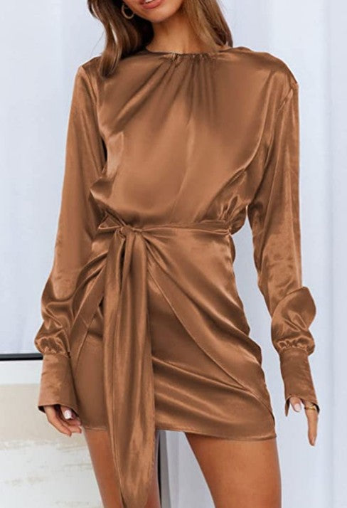 Women's Long Sleeve Round Neck Elastic Lace-up Satin Dress