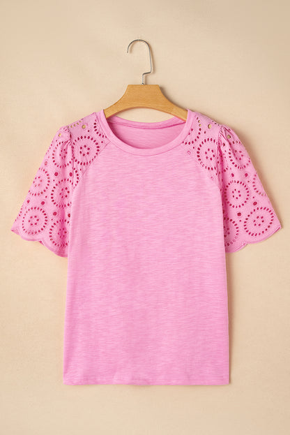 Pink Eyelet Embroidery Scalloped Sleeve Round Neck T Shirt