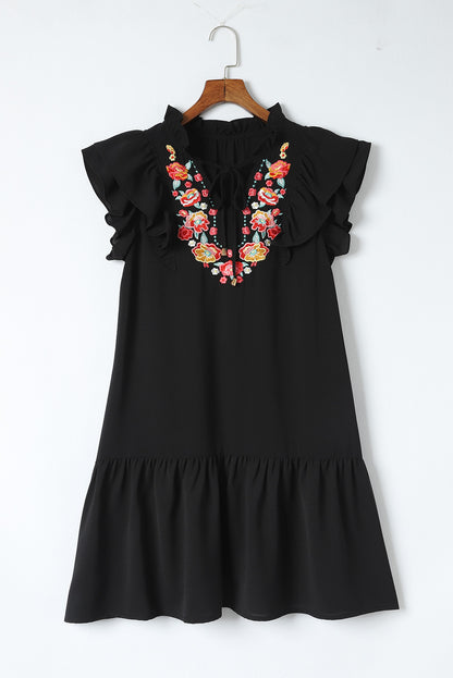 Black Floral Embroidered Ruffle Sleeve Shift Dress