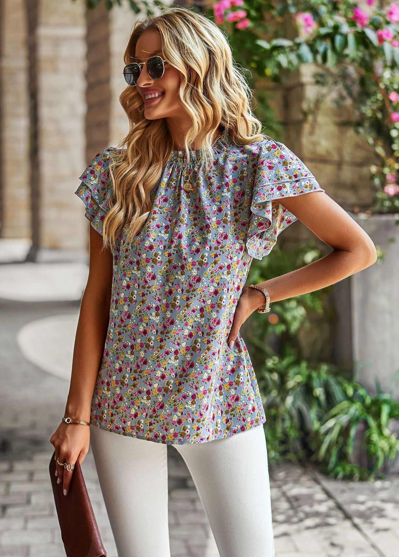 Women's Loose Casual Top Floral Round Neck Shirt