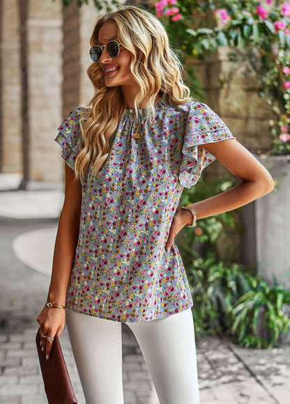 Women's Loose Casual Top Floral Round Neck Shirt