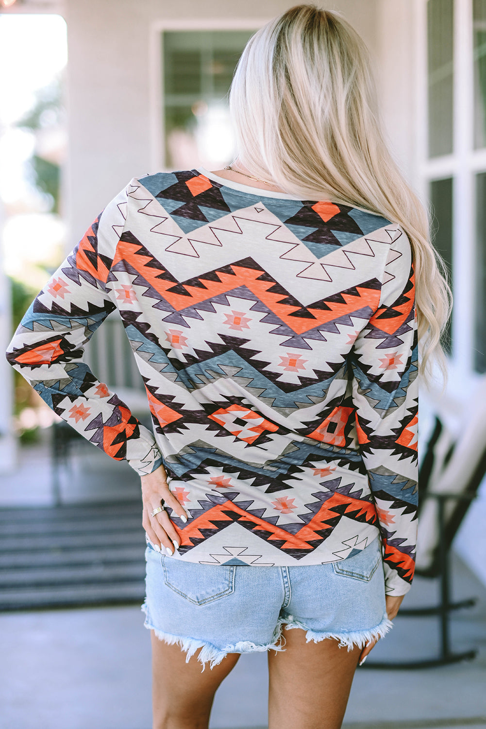 Beige Western Aztec Print Short Sleeve Top